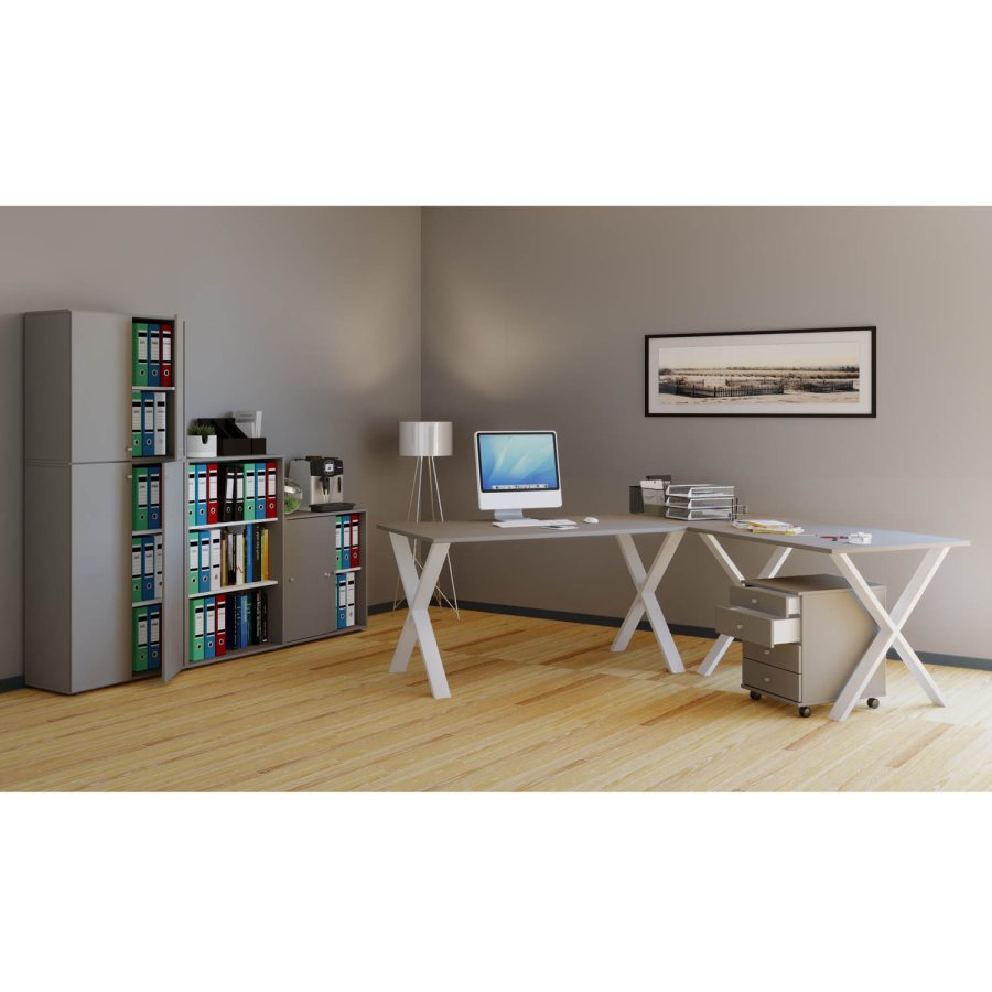 Lona X-feet hjrneskrivebord - gr tr og hvid metal (160x130x50)