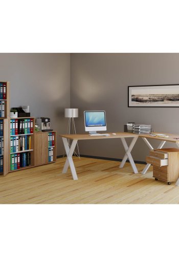 Lona X-feet hjrneskrivebord - natur tr og hvid metal (160x160x50)