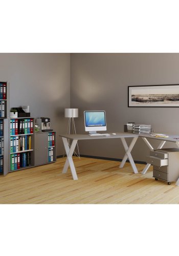 Lona X-feet hjrneskrivebord - gr tr og hvid metal (160x160x50)