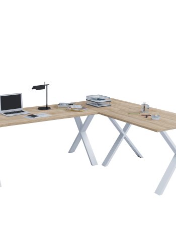 Lona X-feet hjrneskrivebord - natur tr og hvid metal (190x130x50)