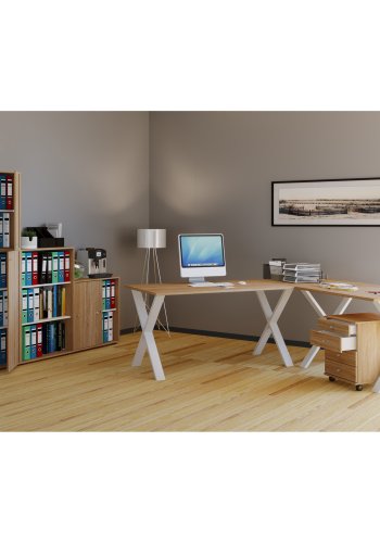 Lona X-feet hjrneskrivebord - natur tr og hvid metal (190x130x50)