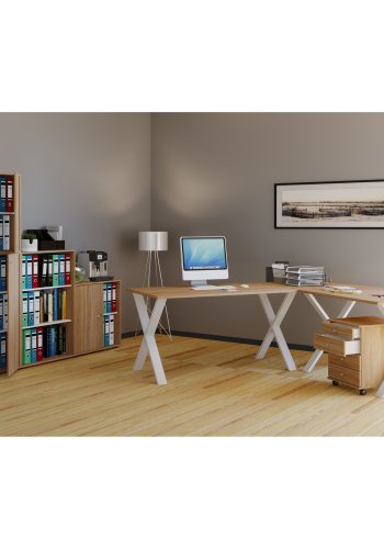 Lona X-feet hjrneskrivebord - natur tr og hvid metal (190x160x50)