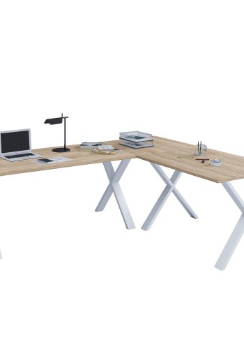 Lona X-feet hjrneskrivebord - natur tr og hvid metal (190x190x50)