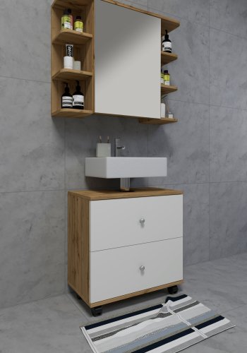 VCM NORDIC Nilosi badevrelse spejlskab, m. 1 lge og 7 hylder - spejlglas og natur tr