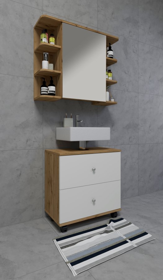 VCM NORDIC Nilosi badevrelse spejlskab, m. 1 lge og 7 hylder - spejlglas og natur tr