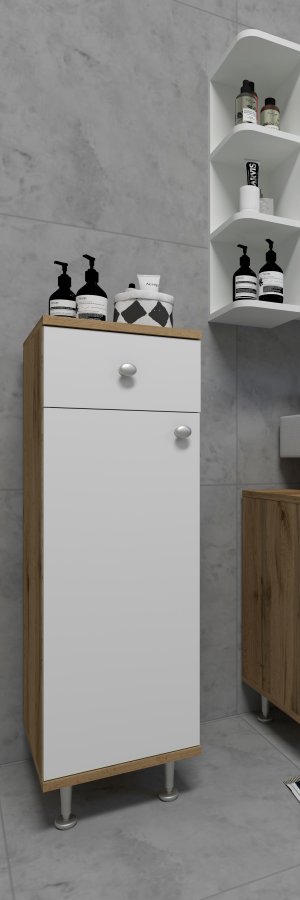 VCM NORDIC Nilosi badevrelse midi skab, m. 1 lge, 2 hylder og 1 skuffe - hvid og natur melamin