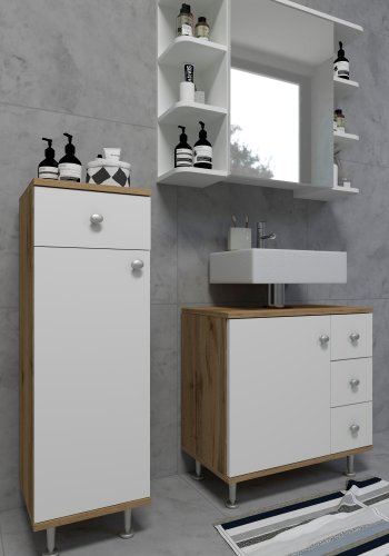 VCM NORDIC Nilosi badevrelse midi skab, m. 1 lge, 2 hylder og 1 skuffe - hvid og natur melamin