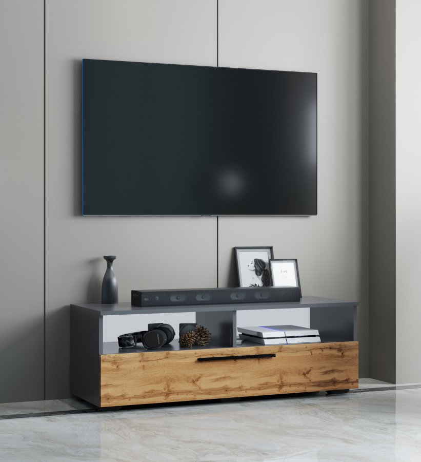 VCM NORDIC Arila XL TV-bord, m. 1 lge og 4 rum - antracitgr og natur tr (115x40)