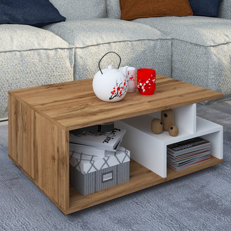 VCM NORDIC Sulas sofabord, m. 4 rum - hvid og natur tr (80x50)