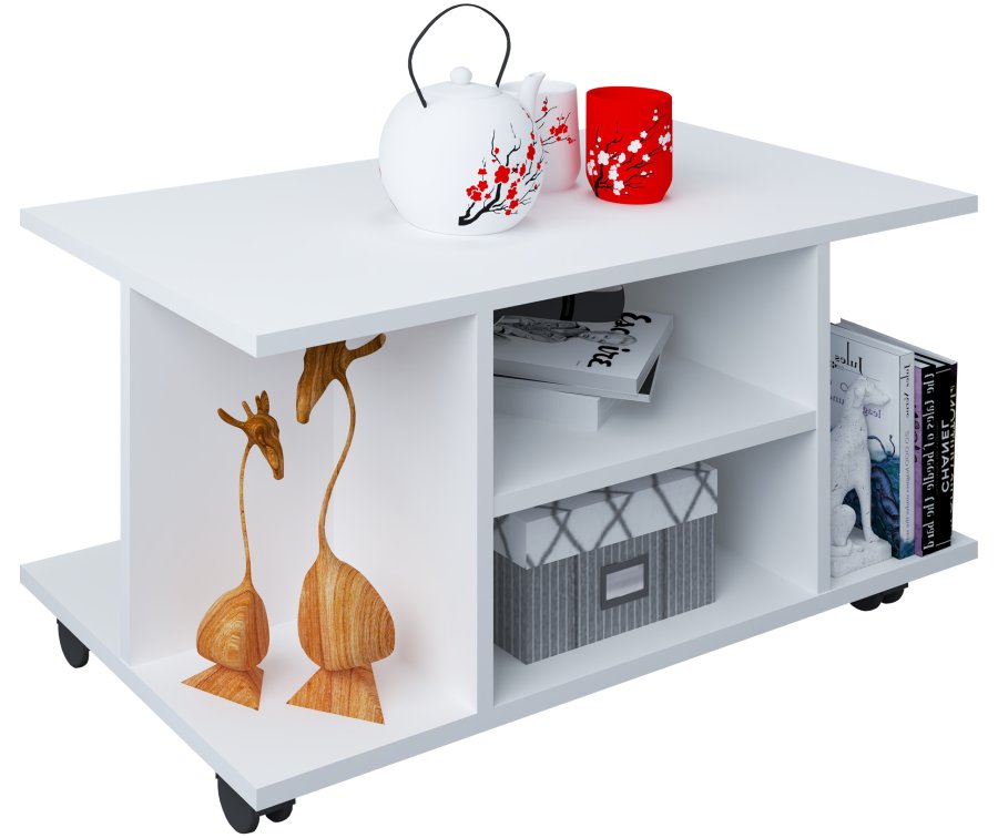 VCM NORDIC Findula sofabord, m. 6 rum og hjul - hvid tr (80x40)