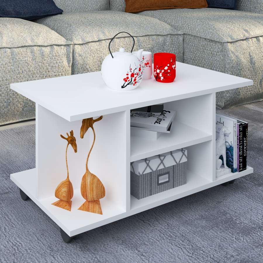 VCM NORDIC Findula sofabord, m. 6 rum og hjul - hvid tr (80x40)