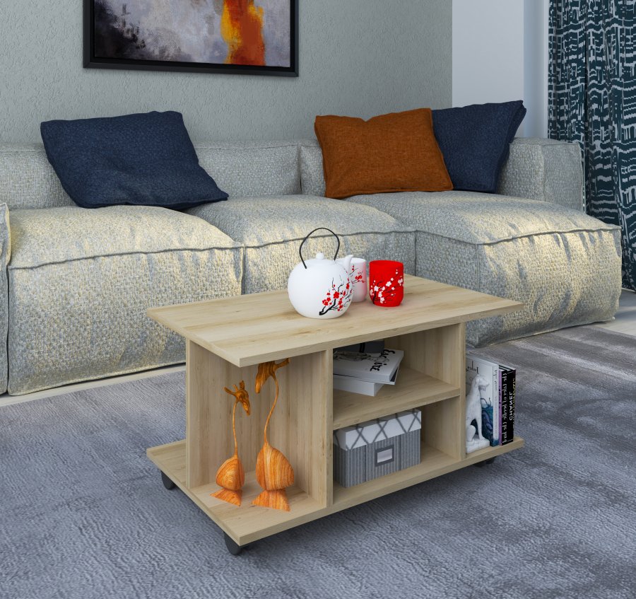 VCM NORDIC Findula sofabord, m. 6 rum og hjul - natur tr (80x40)