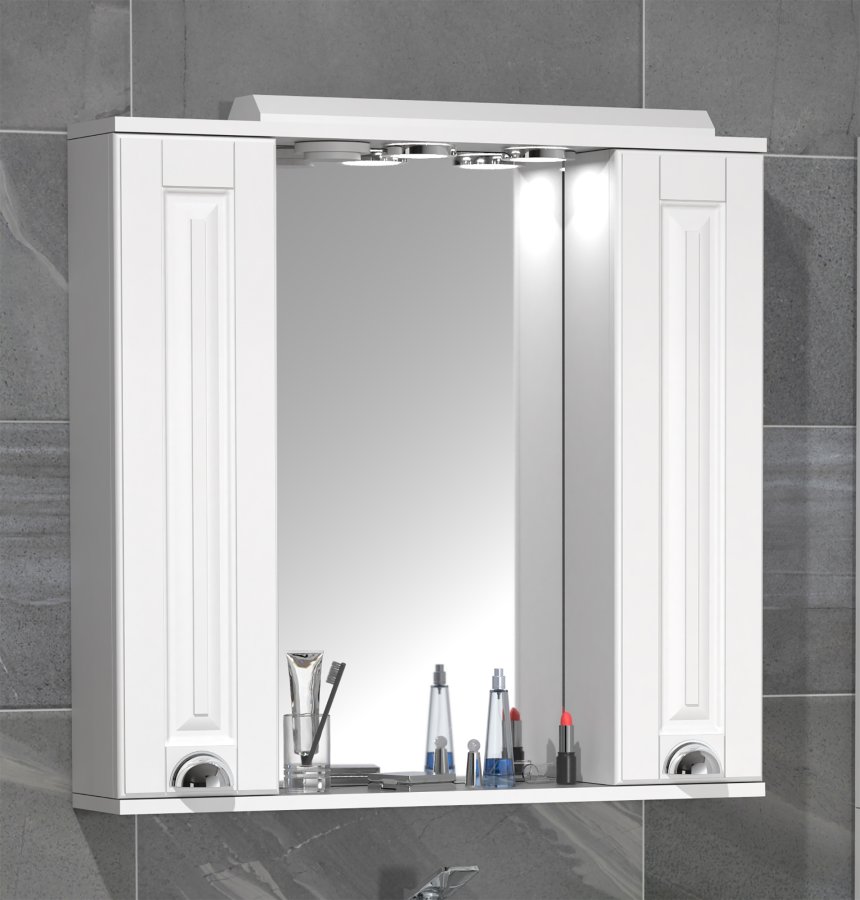 VCM NORDIC Casalo XL badevrelse spejlskab, m. lys, 2 lger, 4 hylder - spejlglas og hvid tr (75cm)