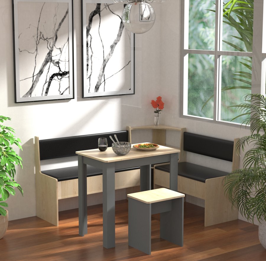 VCM NORDIC Esal Mini hjrnebnkst, m. 1 bord, 2 bnke, 1 taburet - natur og antracitgr tr