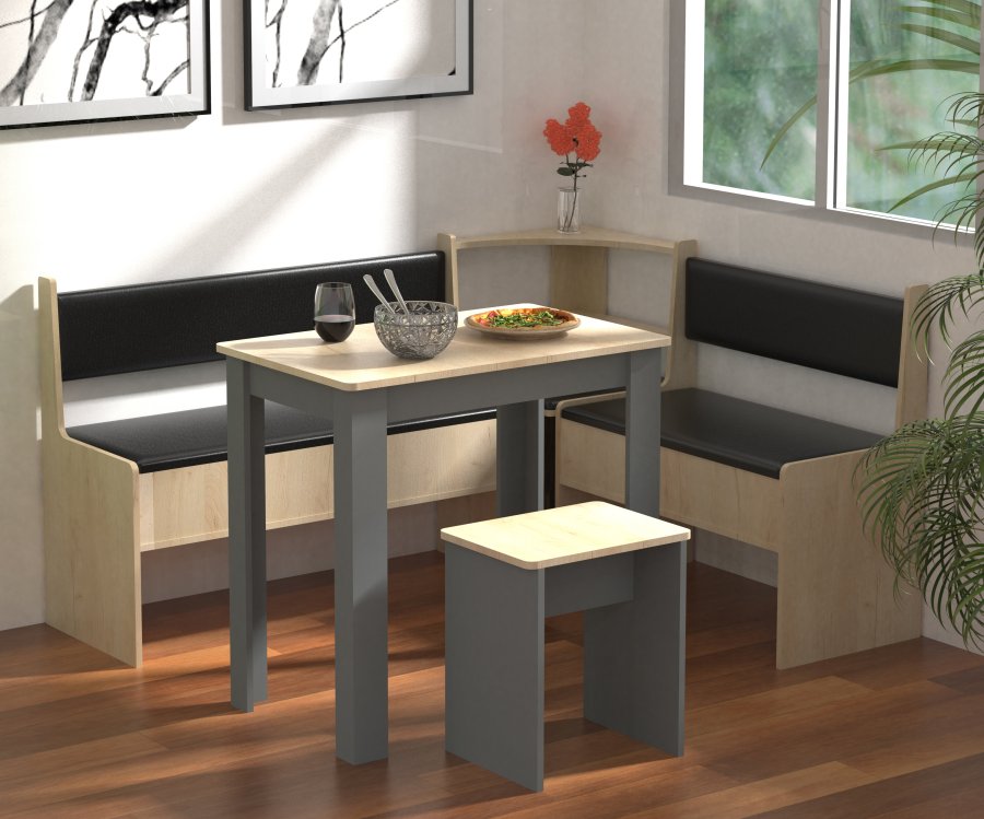 VCM NORDIC Esal Mini hjrnebnkst, m. 1 bord, 2 bnke, 1 taburet - natur og antracitgr tr