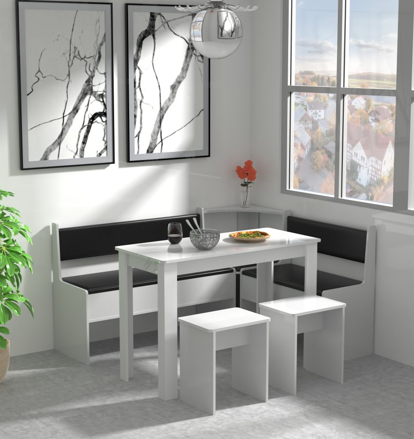 VCM NORDIC Esal Maxi hjrnebnkst, m. 1 bord, 2 bnke, 2 taburetter - hvid tr