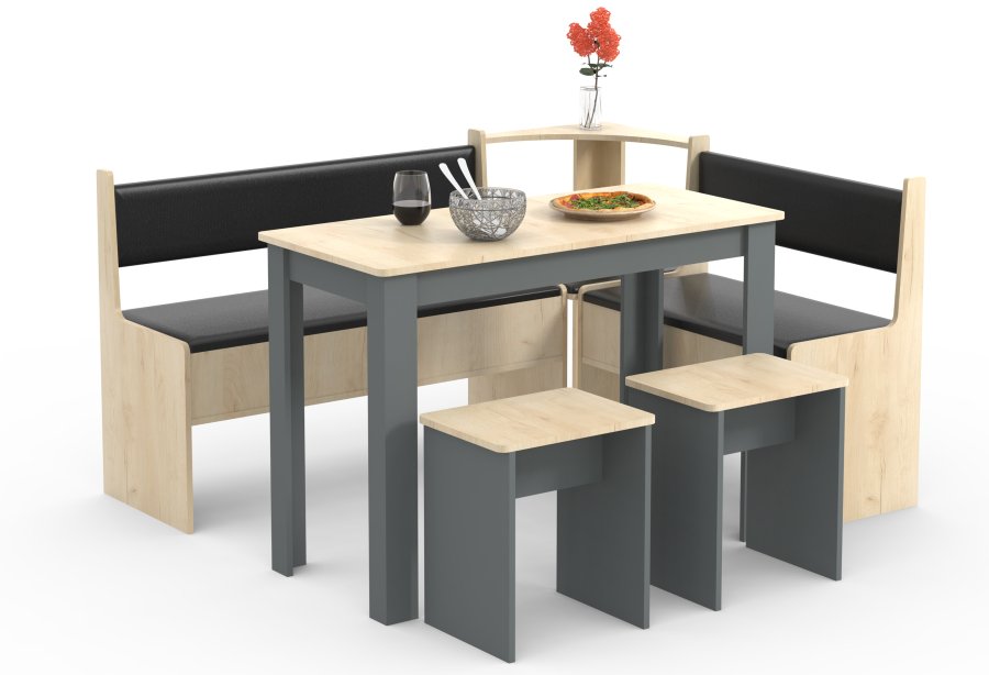 VCM NORDIC Esal Maxi hjrnebnkst, m. 1 bord, 2 bnke, 2 taburetter - natur og antracitgr tr