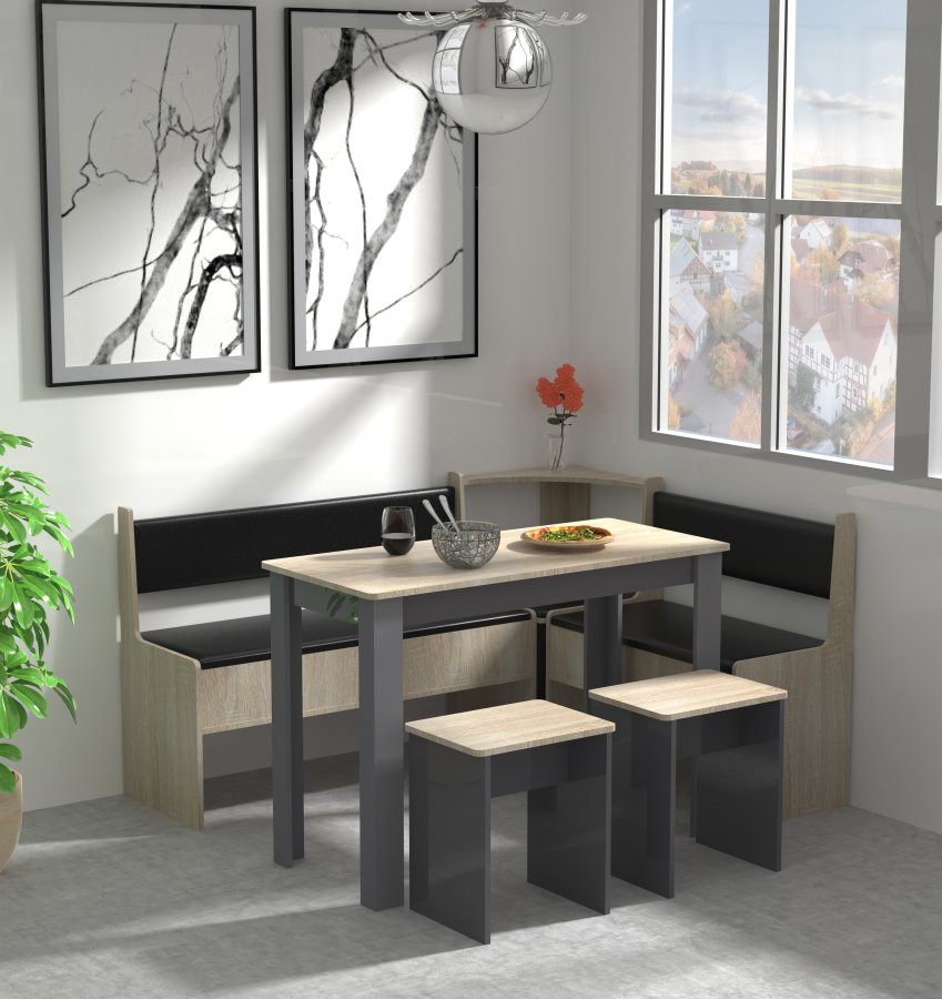 VCM NORDIC Esal Maxi hjrnebnkst, m. 1 bord, 2 bnke, 2 taburetter - natur og antracitgr tr