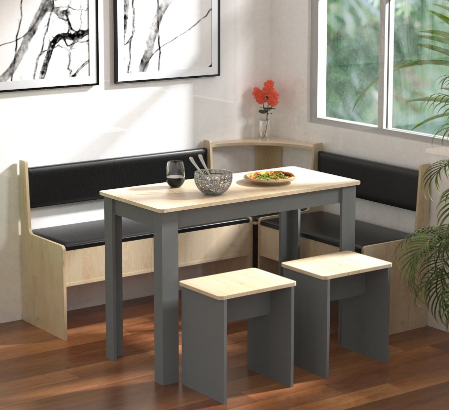 VCM NORDIC Esal Maxi hjrnebnkst, m. 1 bord, 2 bnke, 2 taburetter - natur og antracitgr tr