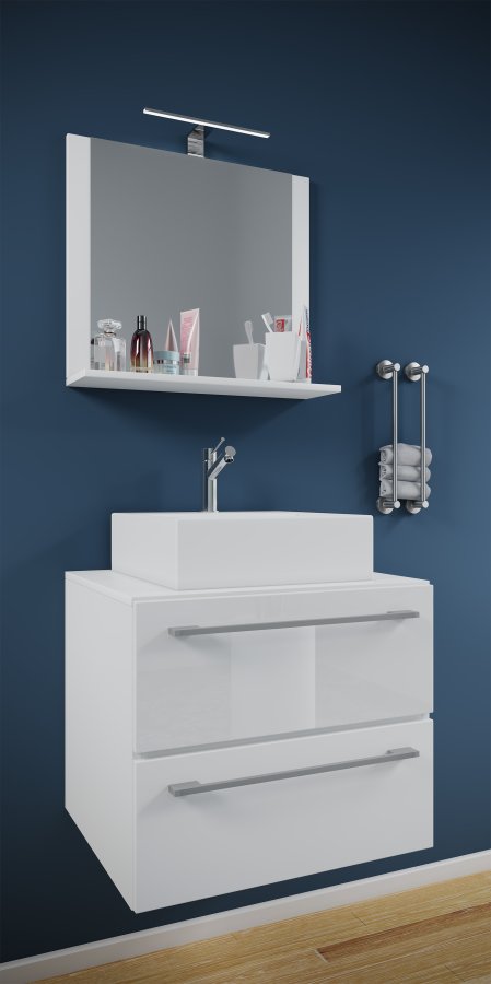 VCM NORDIC Badinos II 60 cm 3-delt vaskeplads, m. spejl, keramik hndvask, 2 skuffer - hvid melamin