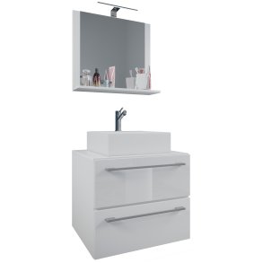 VCM NORDIC Badinos II 60 cm 3-delt vaskeplads, m. spejl, keramik hndvask, 2 skuffer - hvid melamin