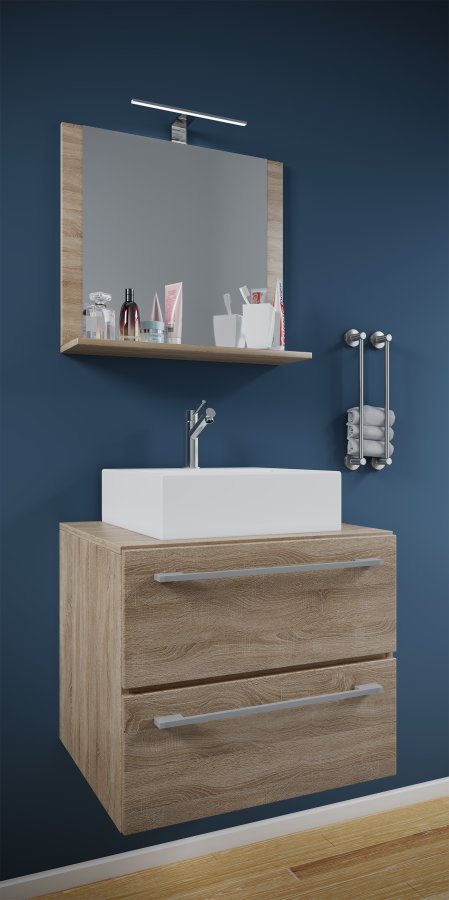 VCM NORDIC Badinos II 60 cm 3-delt vaskeplads, m. spejl, keramik hndvask, 2 skuffer - natur melamin