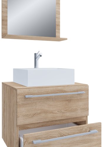VCM NORDIC Badinos II 60 cm 3-delt vaskeplads, m. spejl, keramik hndvask, 2 skuffer - natur melamin