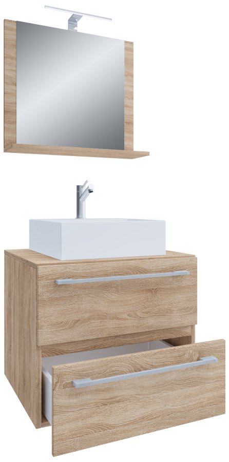 VCM NORDIC Badinos II 60 cm 3-delt vaskeplads, m. spejl, keramik hndvask, 2 skuffer - natur melamin