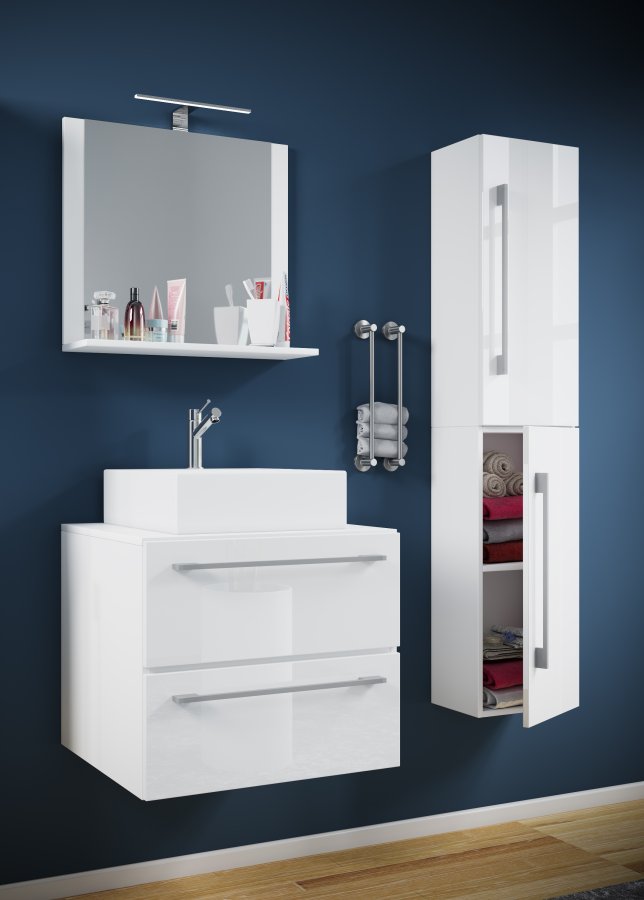 VCM NORDIC Badinos II 60 cm 4-delt vaskeplads, m. spejl, hndvask, skab - hvid melamin