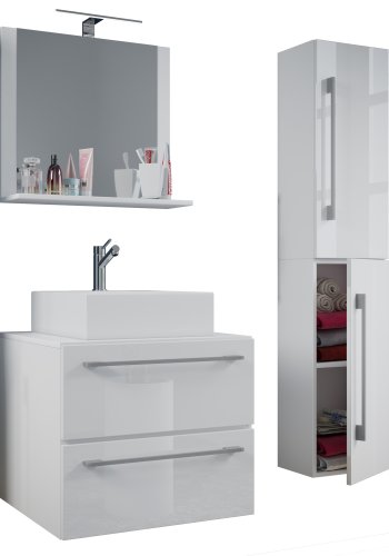 VCM NORDIC Badinos II 60 cm 4-delt vaskeplads, m. spejl, hndvask, skab - hvid melamin