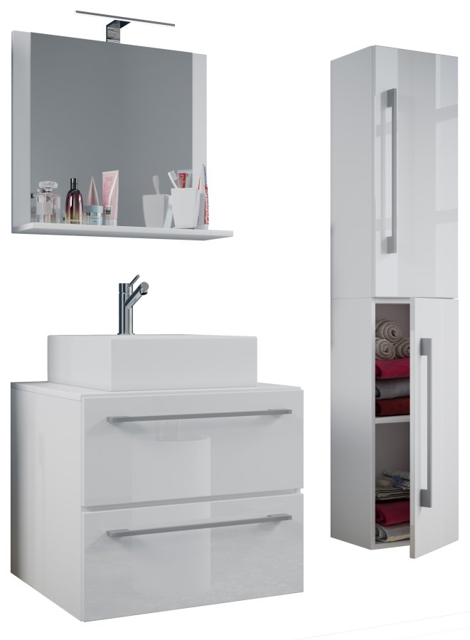 VCM NORDIC Badinos II 60 cm 4-delt vaskeplads, m. spejl, hndvask, skab - hvid melamin