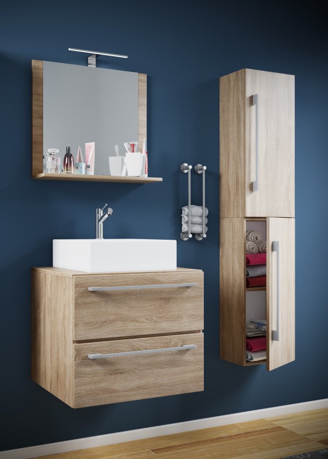 VCM NORDIC Badinos II 60 cm 4-delt vaskeplads, m. spejl, hndvask, skab - natur melamin