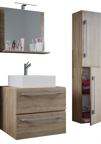 VCM NORDIC Badinos II 60 cm 4-delt vaskeplads, m. spejl, hndvask, skab - natur melamin