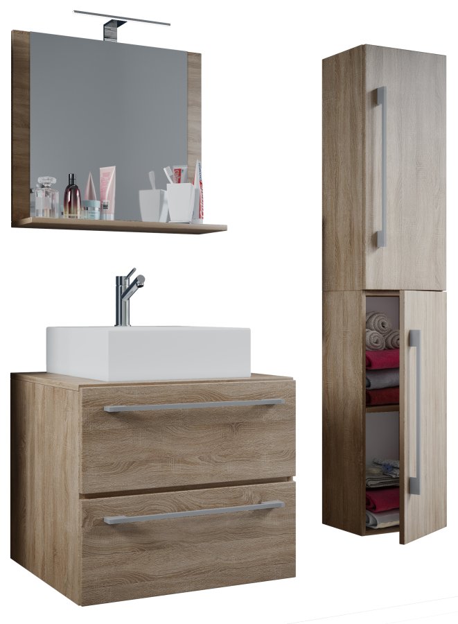 VCM NORDIC Badinos II 60 cm 4-delt vaskeplads, m. spejl, hndvask, skab - natur melamin