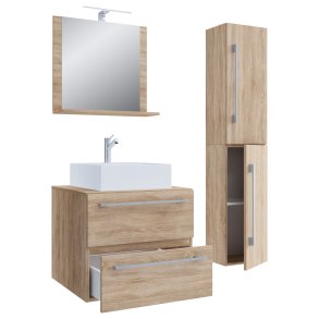 VCM NORDIC Badinos II 60 cm 4-delt vaskeplads, m. spejl, hndvask, skab - natur melamin