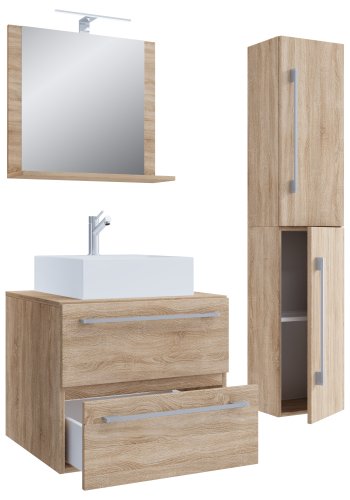 VCM NORDIC Badinos II 60 cm 4-delt vaskeplads, m. spejl, hndvask, skab - natur melamin