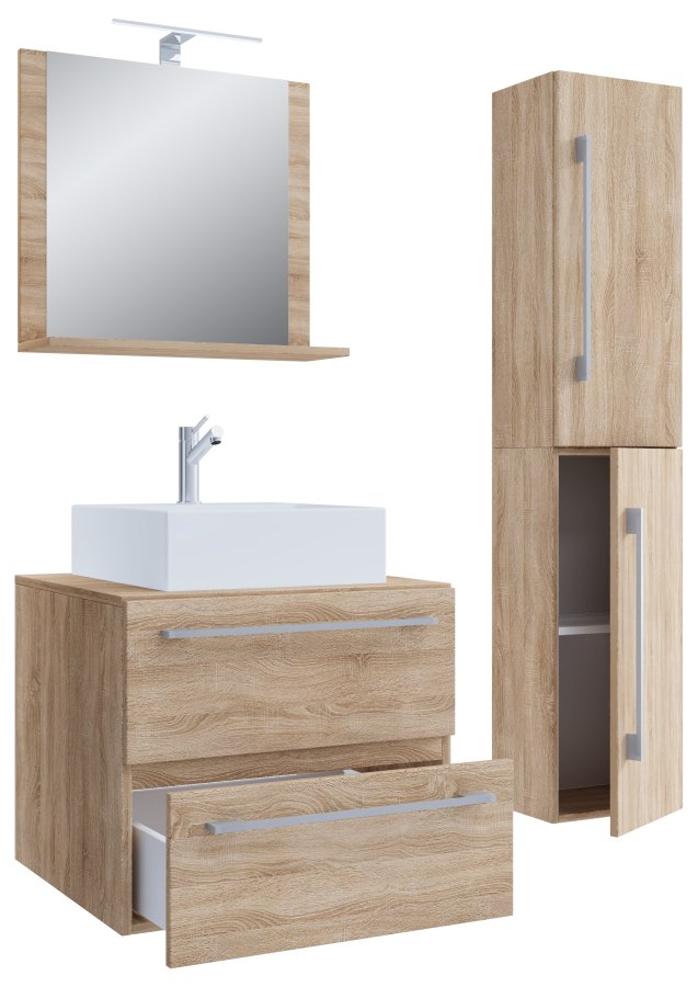 VCM NORDIC Badinos II 60 cm 4-delt vaskeplads, m. spejl, hndvask, skab - natur melamin