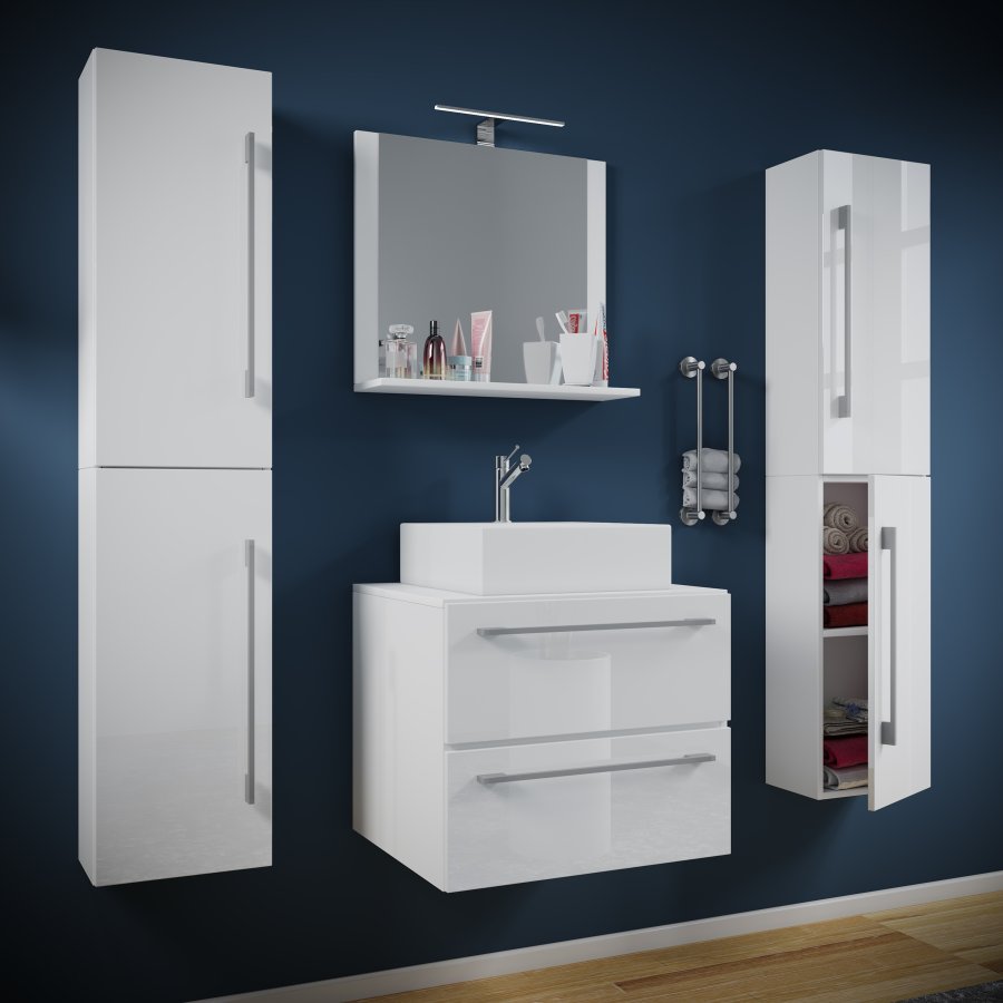 VCM NORDIC Badinos II 60 cm 5-delt vaskeplads, m. spejlskab, hndvask, 3 skabe - hvid melamin