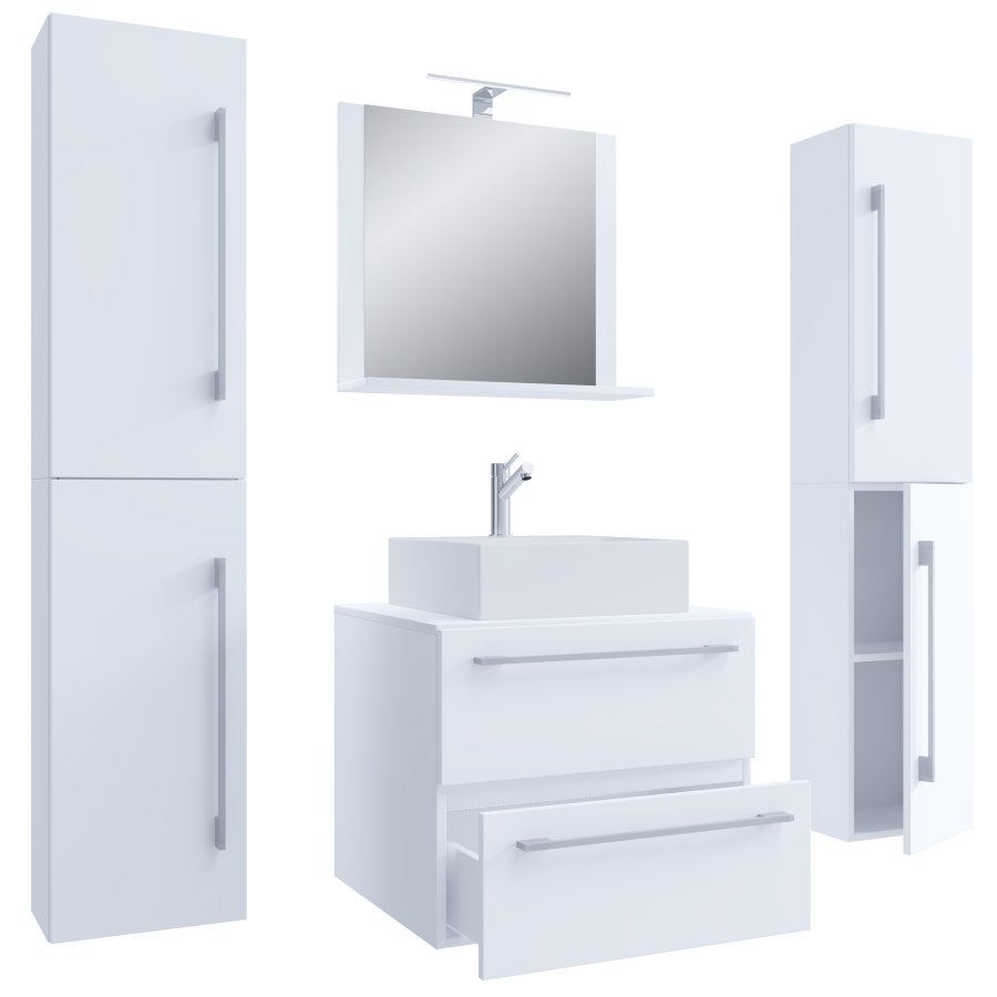 VCM NORDIC Badinos II 60 cm 5-delt vaskeplads, m. spejlskab, hndvask, 3 skabe - hvid melamin