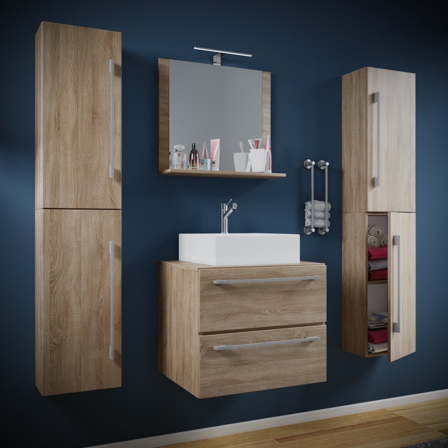 VCM NORDIC Badinos II 60 cm 5-delt vaskeplads, m. spejlskab, hndvask, 3 skabe - natur melamin