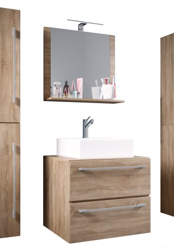 VCM NORDIC Badinos II 60 cm 5-delt vaskeplads, m. spejlskab, hndvask, 3 skabe - natur melamin