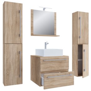 VCM NORDIC Badinos II 60 cm 5-delt vaskeplads, m. spejlskab, hndvask, 3 skabe - natur melamin