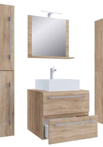 VCM NORDIC Badinos II 60 cm 5-delt vaskeplads, m. spejlskab, hndvask, 3 skabe - natur melamin