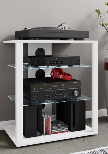 VCM NORDIC Folas Hi-fi og TV-bord, m. 2 glashylder - hvid tr (60x41)