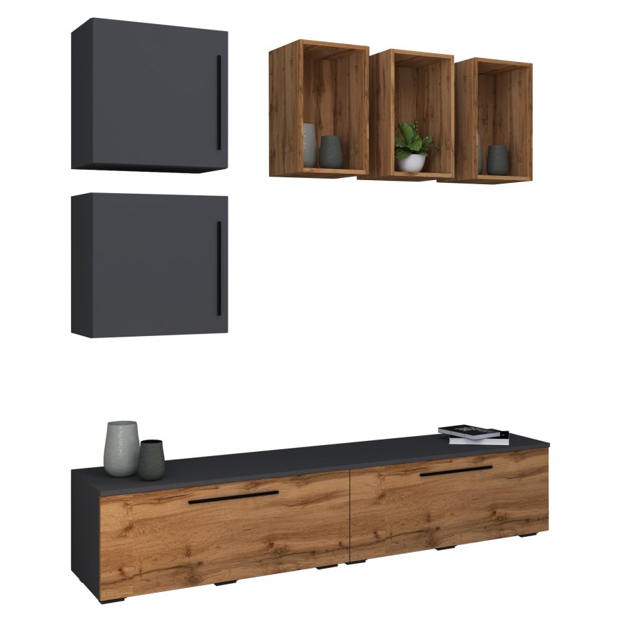 VCM NORDIC Arila L 7-tlg. reolsystem, m. 4 lger, 11 rum, 2 hylder - antracitgr og natur tr