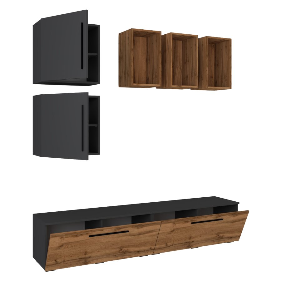 VCM NORDIC Arila L 7-tlg. reolsystem, m. 4 lger, 11 rum, 2 hylder - antracitgr og natur tr