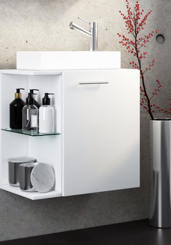 VCM NORDIC Hausa 2-delt gstevaskeplads, m. hndvask, 1 lge, 1 glashylde - keramik og hvid tr