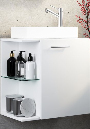 VCM NORDIC Hausa 2-delt gstevaskeplads, m. hndvask, 1 lge, 1 glashylde - keramik og hvid tr