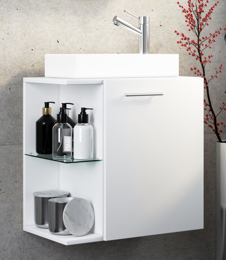 VCM NORDIC Hausa 2-delt gstevaskeplads, m. hndvask, 1 lge, 1 glashylde - keramik og hvid tr