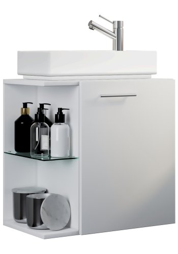 VCM NORDIC Hausa 2-delt gstevaskeplads, m. hndvask, 1 lge, 1 glashylde - keramik og hvid tr